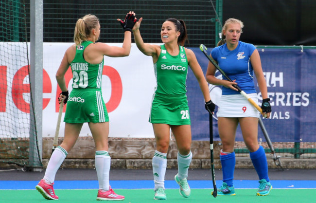 Anna O'Flanagan celebrates scoring her sides second goal with Chloe Watkins