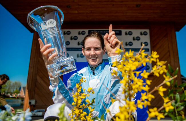 Rachael Blackmore celebrates winning the Irish Stallion Farms EBF Mares Novice Hurdle