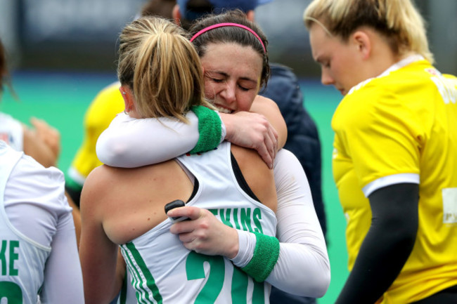 Chloe Watkins and Roisin Upton celebrate after the game