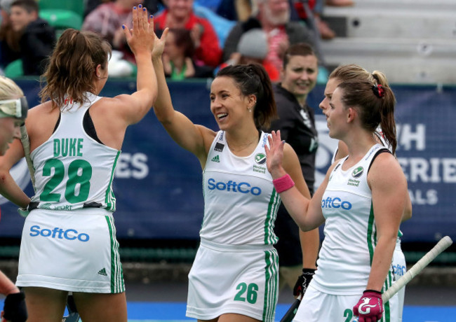 Anna O'Flanagan celebrates scoring a goal with Deirdre Duke