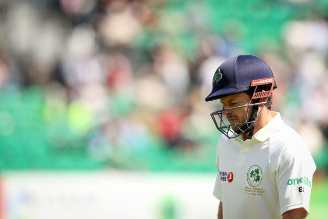 Ed Joyce leaves the pitch dejected after being dismissed LBW by Mohammad Abbas