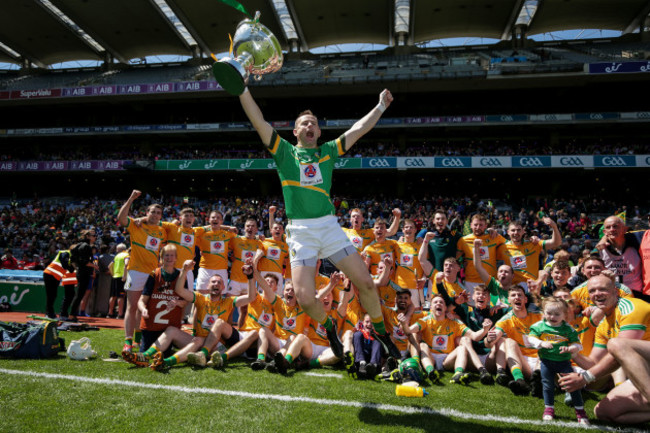 Declan Molloy celebrates with the Lory Meagher Cup