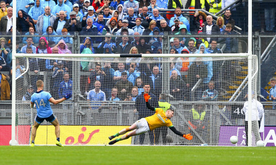 Paul Mannion hits his penalty off the post