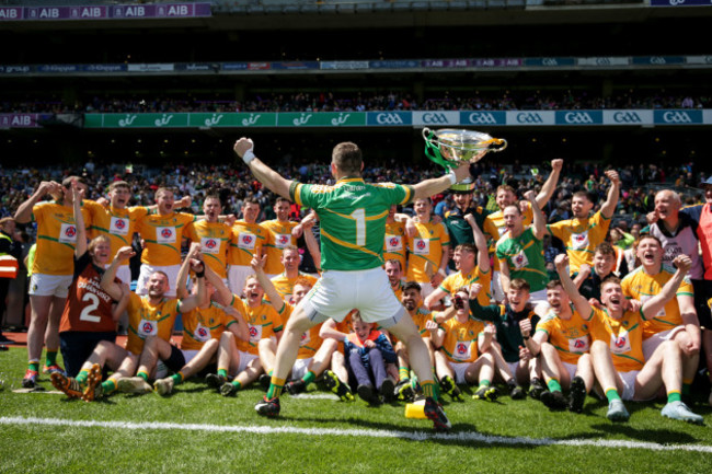 Declan Molloy celebrates with the Lory Meagher Cup