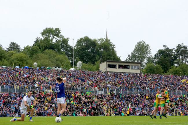 Raymond Galligan and Padraig Faulkner dejected as Patrick McBrearty, Jamie Brennan and Ryan McHugh celebrate