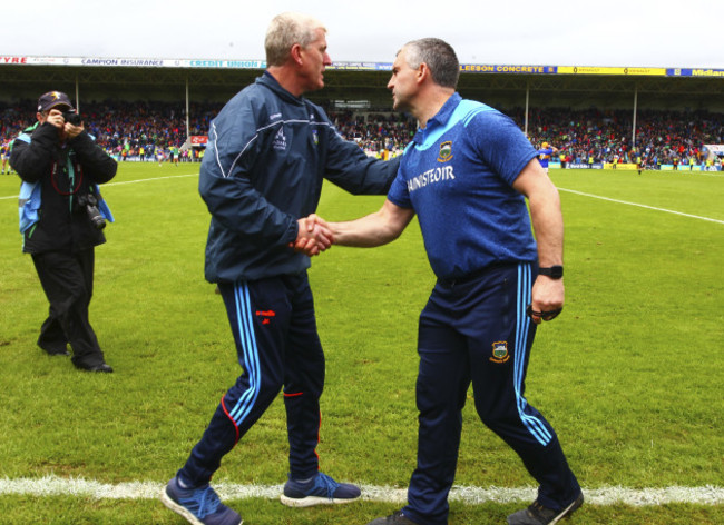 John Kiely and Liam Sheedy at the end of the game