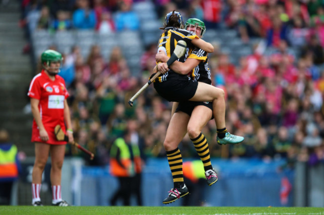 Edwina Keane and Ann Dalton celebrate at the final whistle