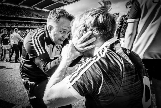 Davy Fitzgerald celebrates after the game with Diarmuid O&rsquo;Keefe