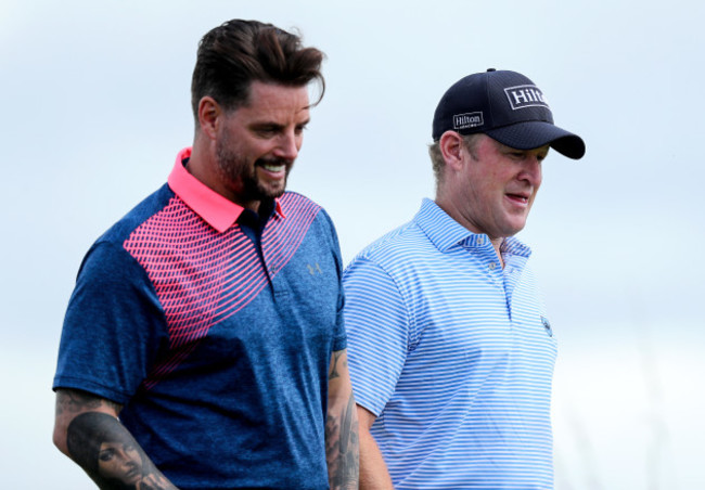 Keith Duffy and Jamie Donaldson on the 17th fairway