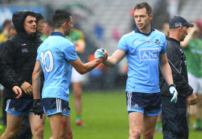 Dean Rock and Niall Scully celebrate at the end of the game