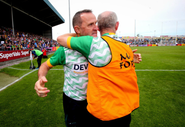 Andy McEntee celebrates at the final whistle