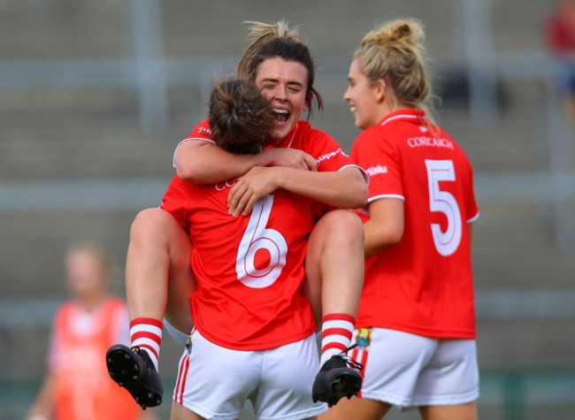 Shauna Kelly celebrates at the final whistle with Doireann O'Sullivan