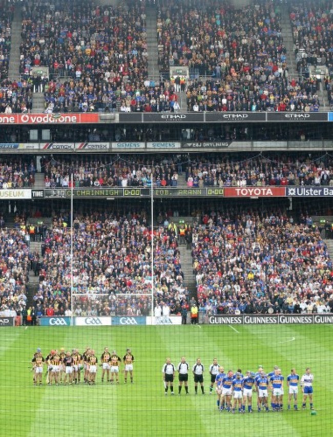 The teams lineup for the National anthem