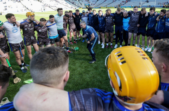 Liam Sheedy speaks to his team after the game