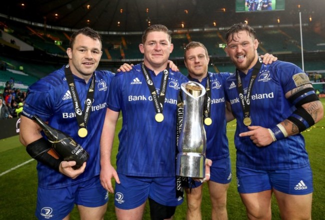 Cian Healy, Tadhg Furlong, Sean Cronin and Andrew Porter celebrate after winning the Guinness PRO14 Final