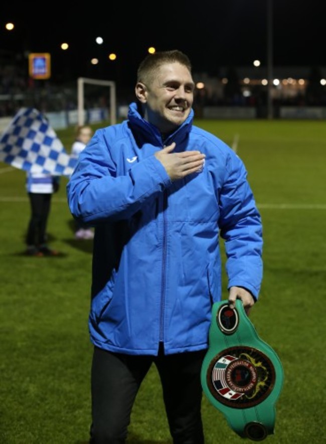 Jason Quigley is introduced to the crowd before kick off