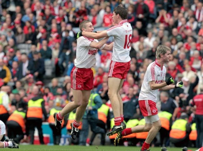 Niall Sludden and Padraig McNulty celebrate at the final whistle