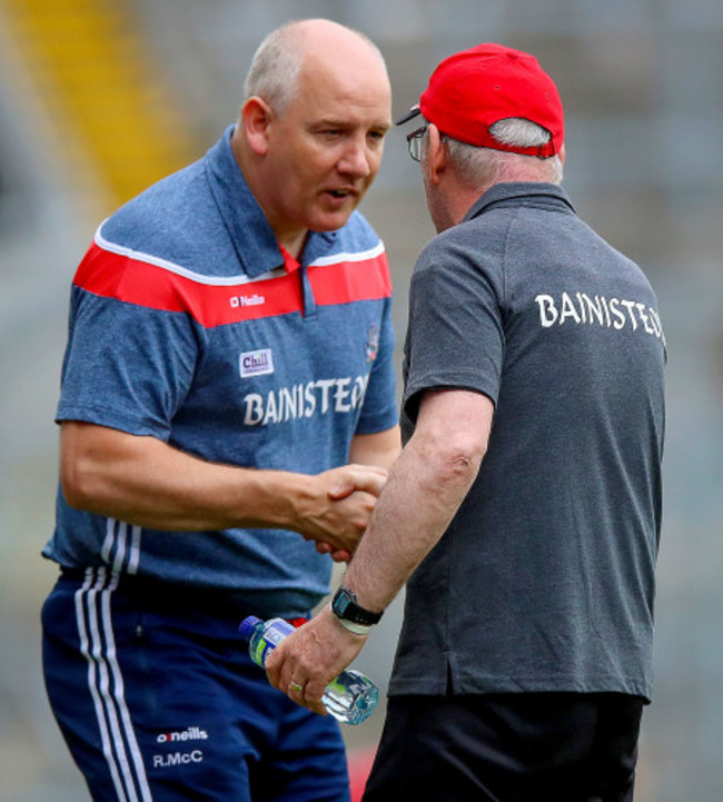 Ronan McCarthy with Mickey Harte at the full time whistle