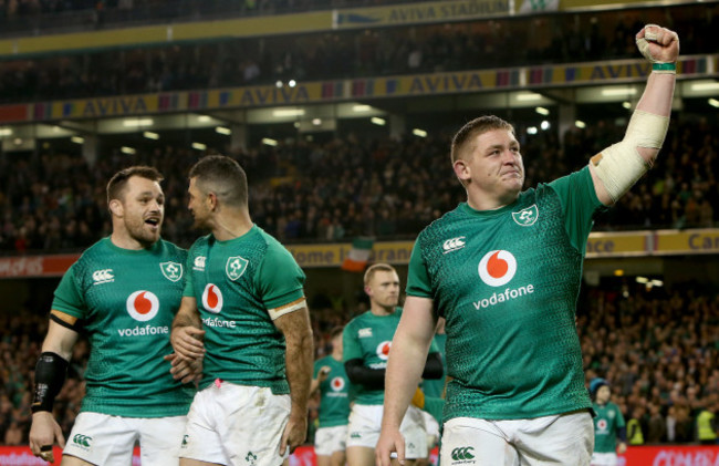 Tadhg Furlong celebrates after the game