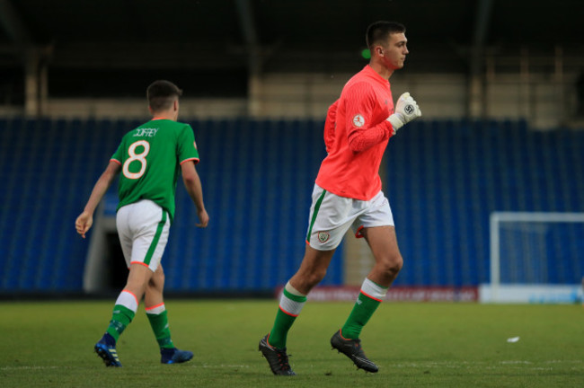 Oisin McEntee goes in goal after Jimmy Corcoran was sent off