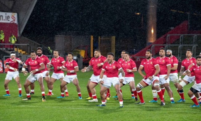 The Tonga players preform the Haka