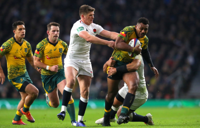 Owen Farrell and Henry Slade with Samu Kerevi