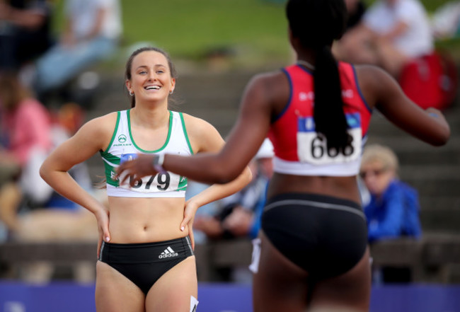 Ciara Neville celebrates after winning the Women's 100m sprint