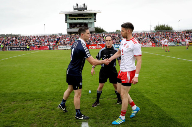 Mattie Donnelly with Stephen Cluxton and referee David Coldrick at the coin toss