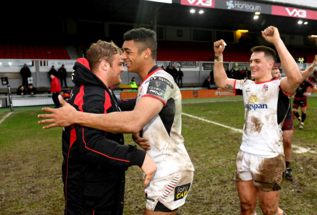 Eric O'Sullivan, Robert Baloucoune and James Hume celebrate victory