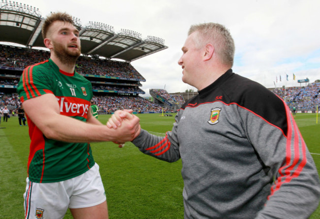 Aidan O'Shea and Stephen Rochford celebrate at the final whistle