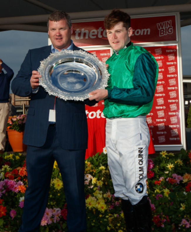 Gordon Elliott and jockey Luke Dempsey celebrate winning the Galway Plate with Borice