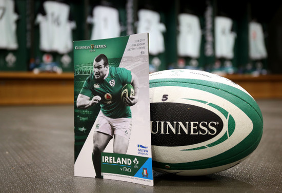 A view of a match ball and programme in the dressing room