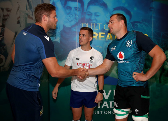 Dean Budd, Luke Pearce and Rhys Ruddock during the coin toss