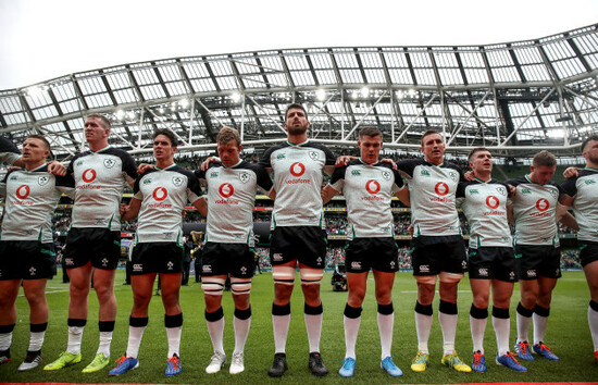 The Ireland team stand for the national anthems