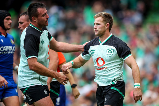 Kieran Marmion celebrates scoring a try with Niall Scannell