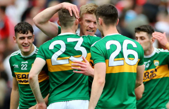 Diarmuid O'Connor and David Shaw celebrate with Tommy Walsh after the game