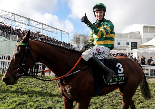 Mark Walsh on Espoir D'Allen celebrates winning the Unibet Champion Hurdle Challenge Trophy