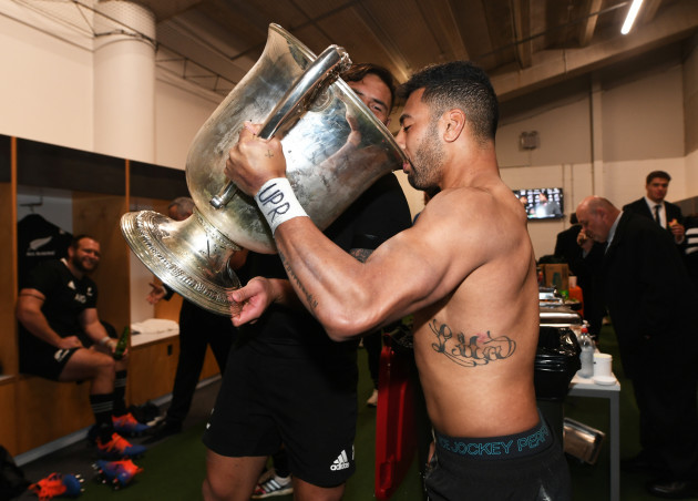 Richie Mo'unga drinks from the Bledisloe Cup
