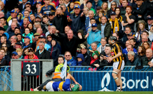 Cathal Barrett lies injured following a incident with Richie Hogan