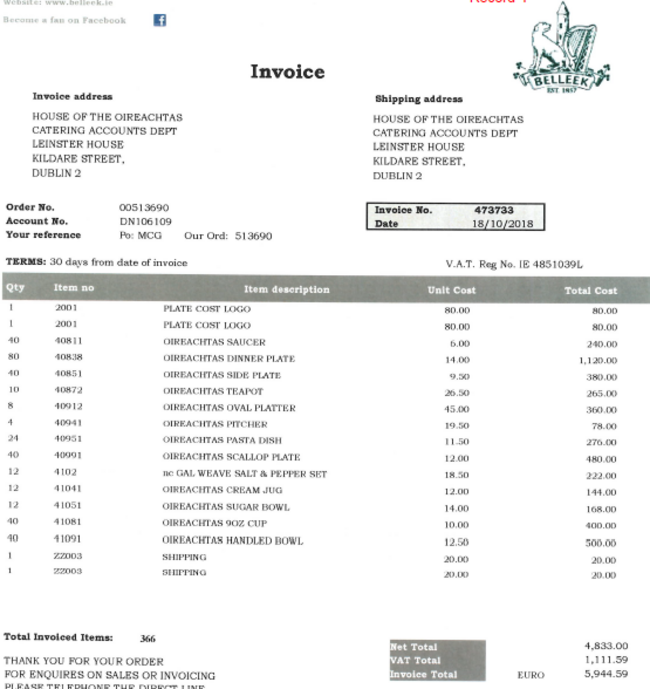 Belleek Invoice