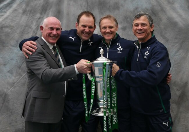 Mick Kearney, John Plumtree, Joe Schmidt and Les Kiss with the trophy