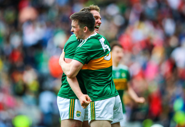 Tadhg Morley celebrates at the final whistle with Paul Murphy