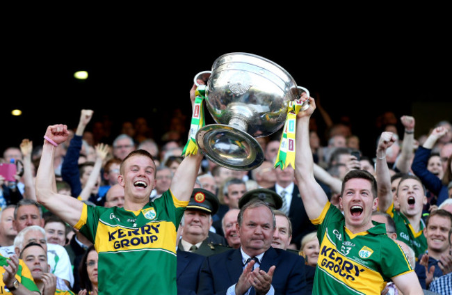 Fionn Fitzgerald and Kieran O'Leary lift the Sam Maguire