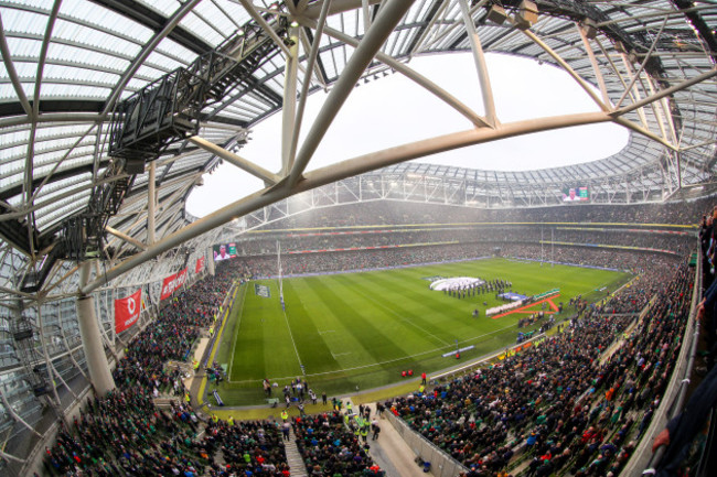 a-view-of-the-aviva-stadium-as-the-two-teams-stand-for-the-national-anthems