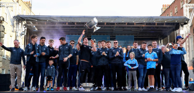 a-view-of-the-senior-football-champions-up-on-stage-with-the-sam-maguire-cup