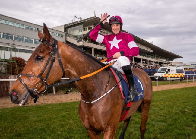 davy-russell-celebrates-winning-the-neville-hotels-novice-steeplechase-on-battleoverdoyen