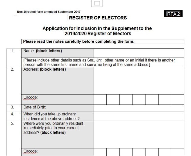 Snippet of Supplementary form