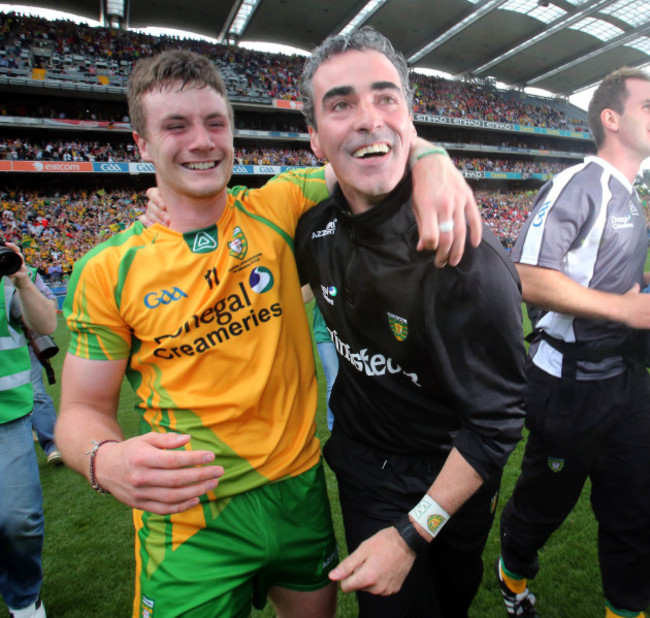 jim-mcguinness-celebrates-at-the-final-whistle-with-leo-mcloone