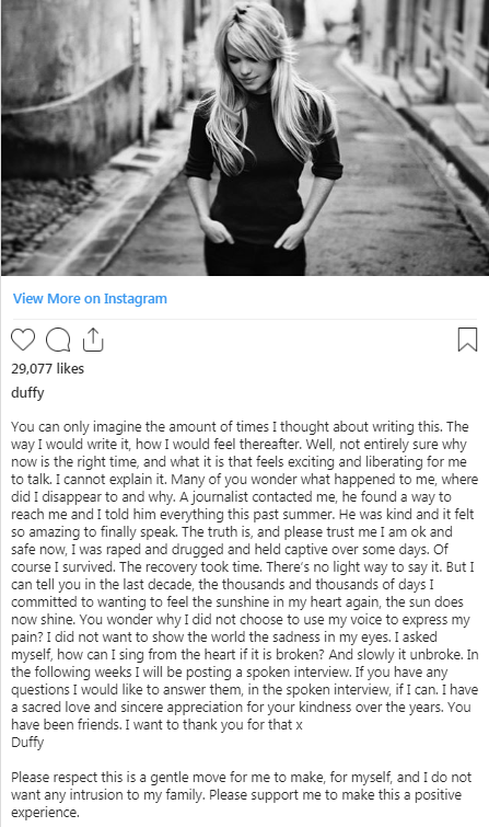 Singer Duffy reveals she 'raped, drugged held captive' for several days