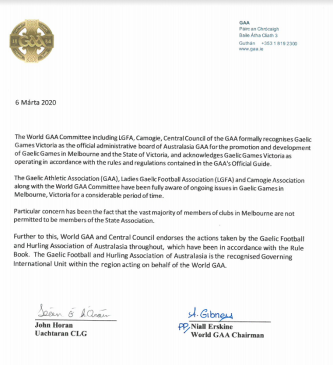 Melbourne GAA statement